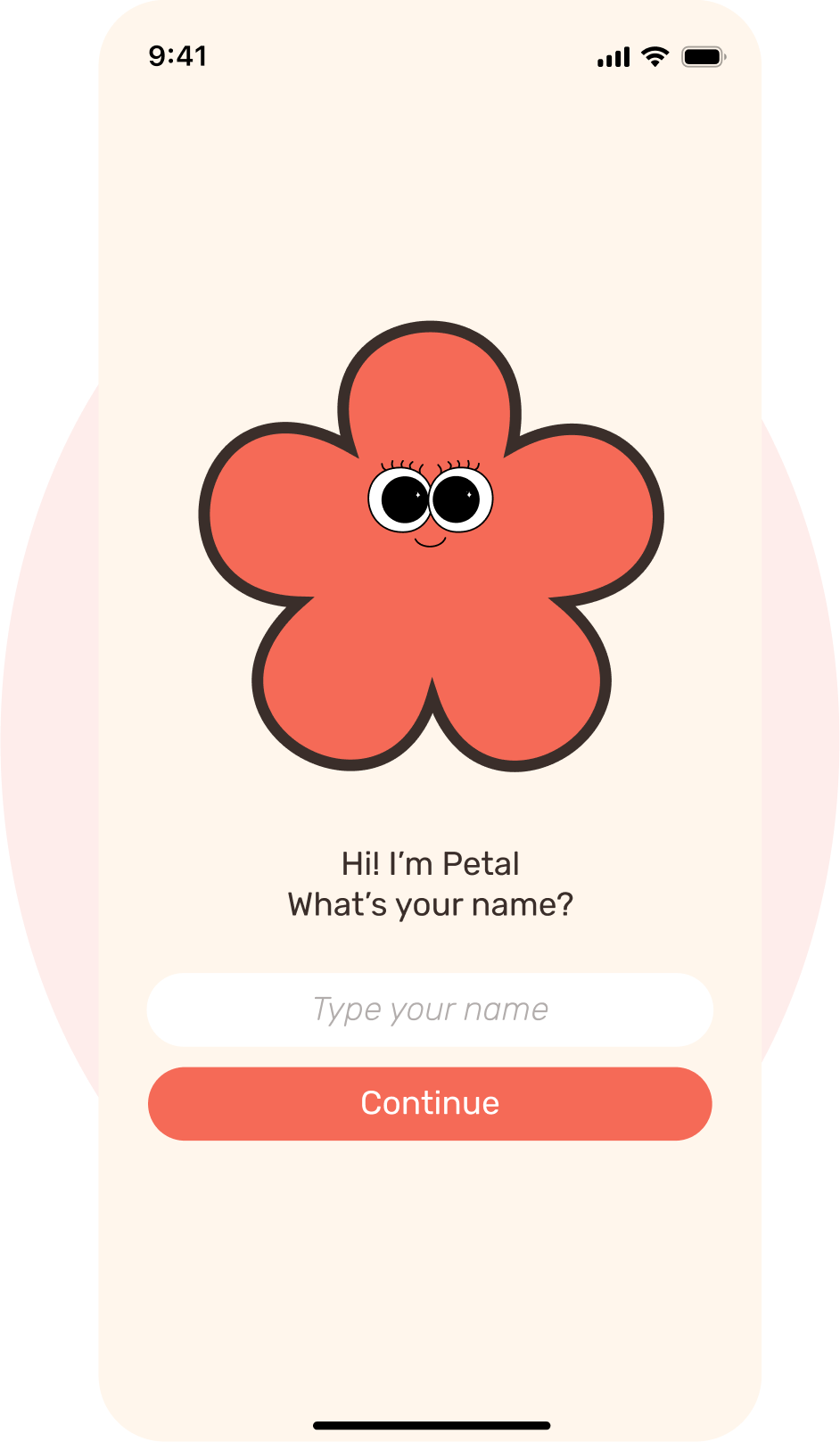 Petal asks the child's name on a cream screen, with a pale coral circle behind