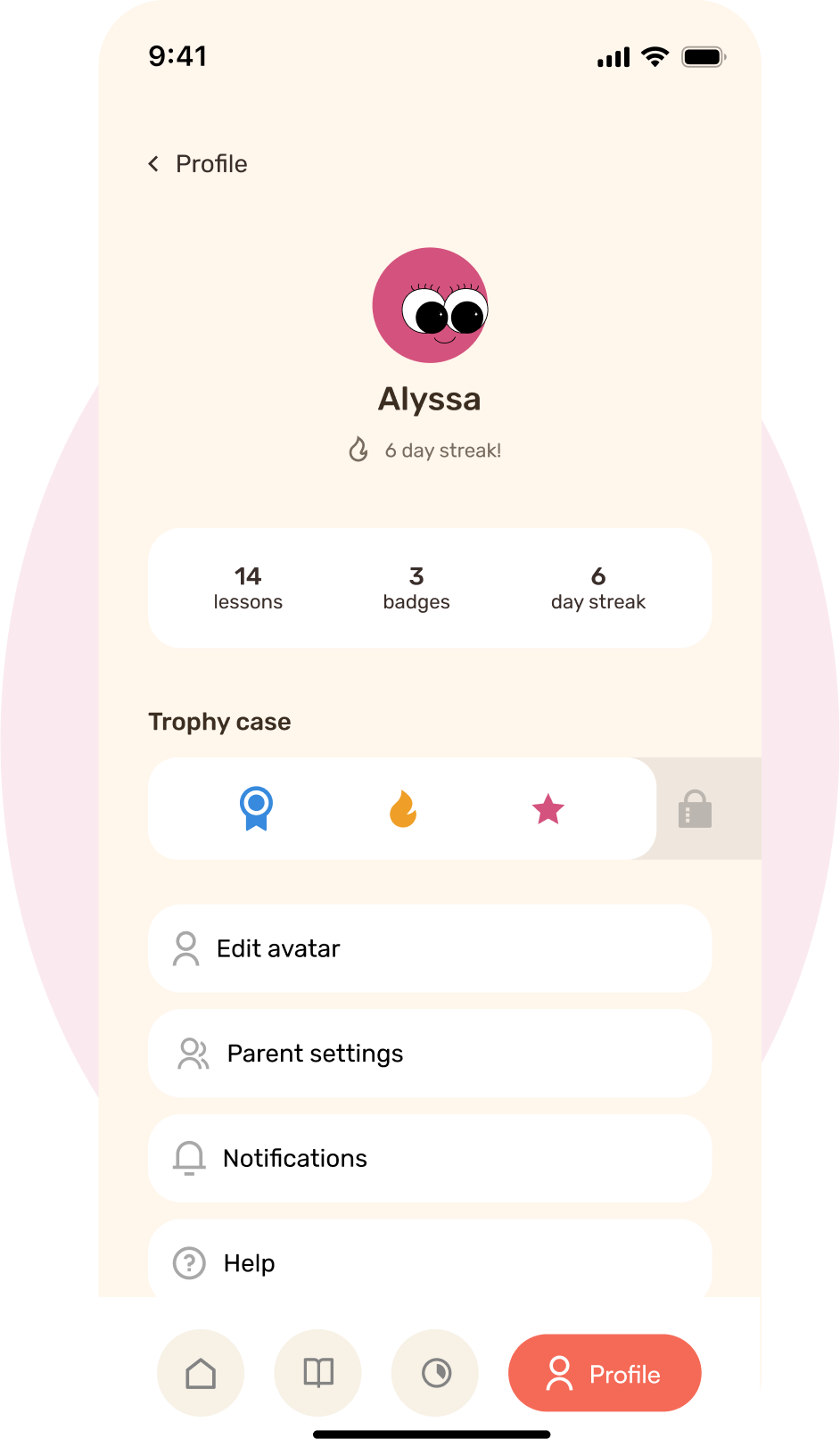 Profile: Alyssa's avatar, totals, a trophy case and parent settings, with a pale berry circle behind