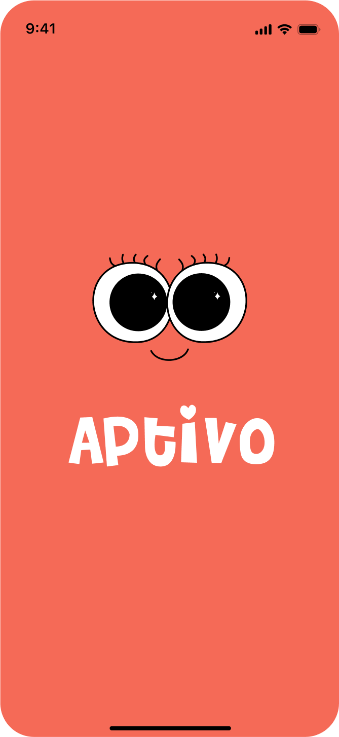Splash: Petal's eyes above the white Aptivo wordmark on coral