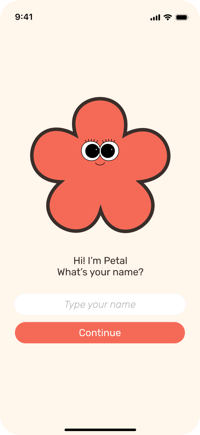 Petal asks “Hi! I'm Petal. What's your name?” above a name field