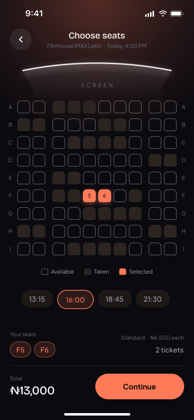 Cineva seat selection screen