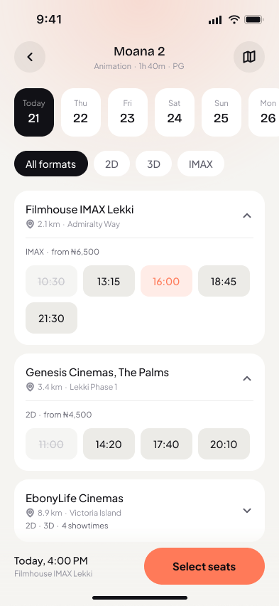 Cineva showtimes screen, light mode