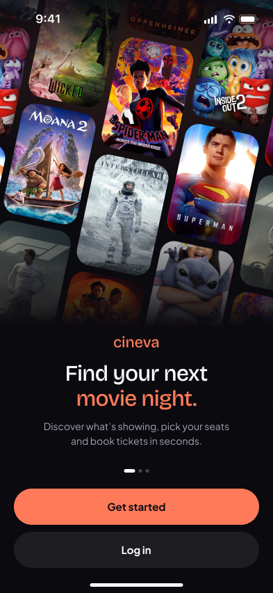 Cineva splash screen: logo above tilted movie posters, with a coral Get started button