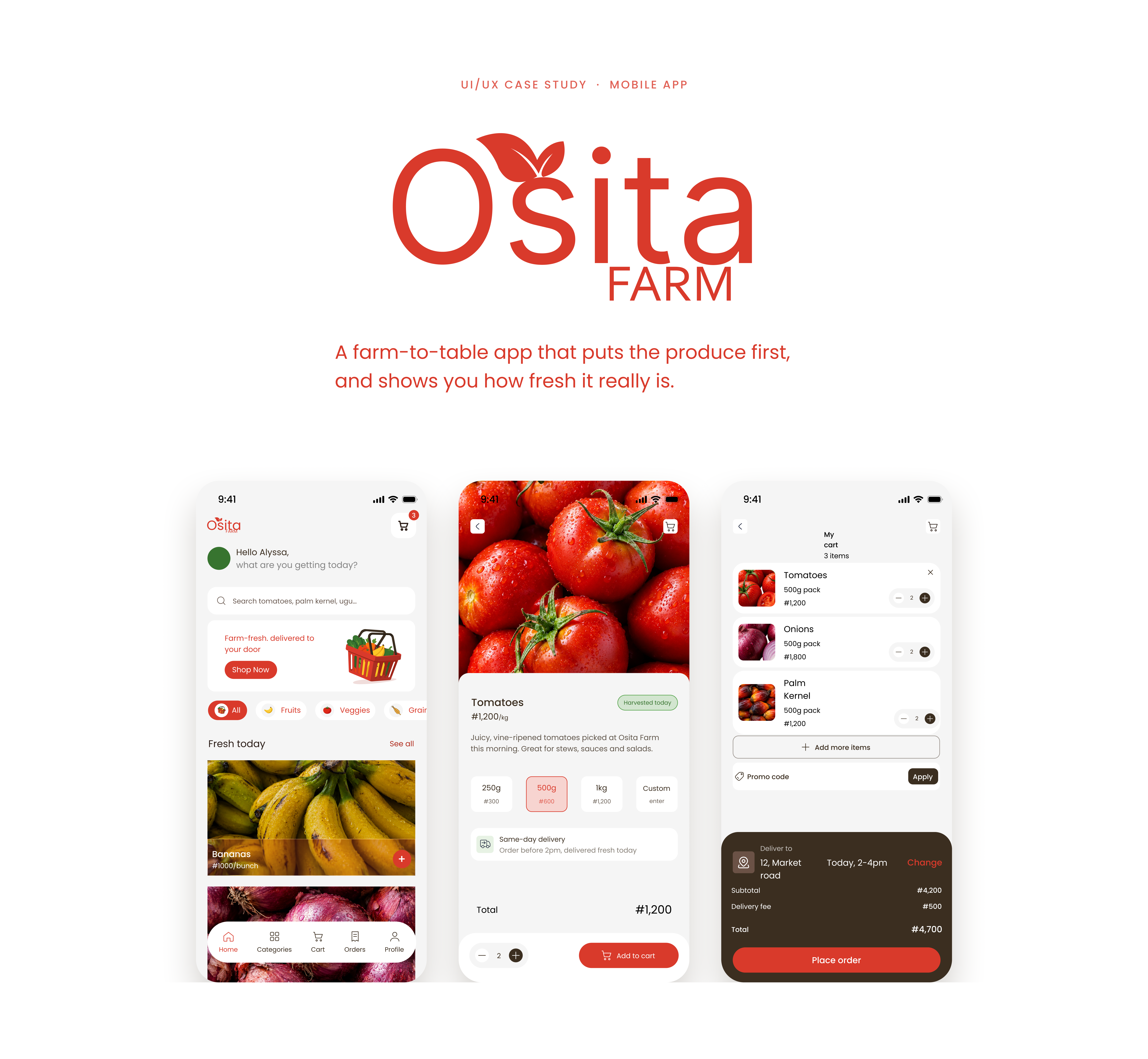 Osita Farm cover: the red logo, the tagline and three app screens (Home, a tomato product page and the cart) on white