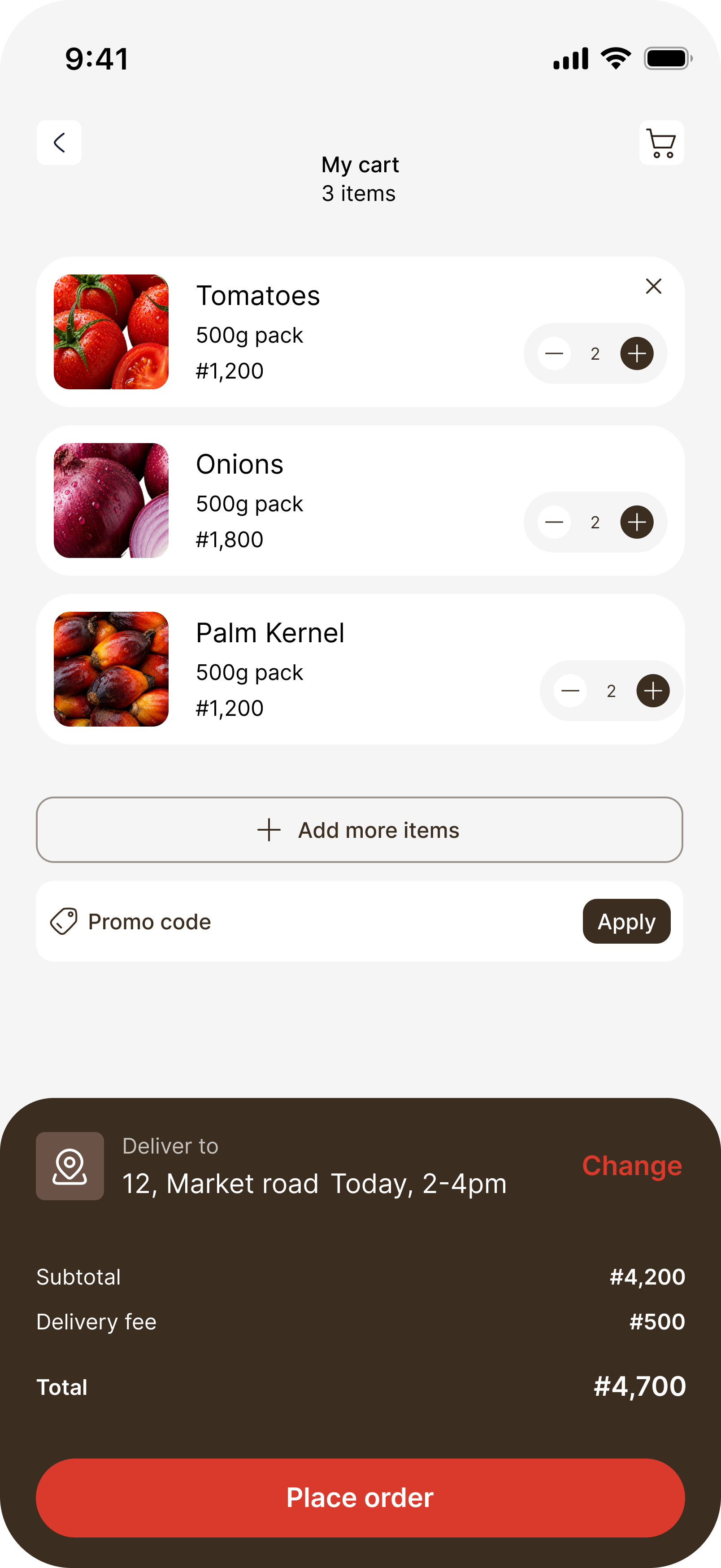 Cart: three items above a dark panel with the address, time slot, totals and the Place order button